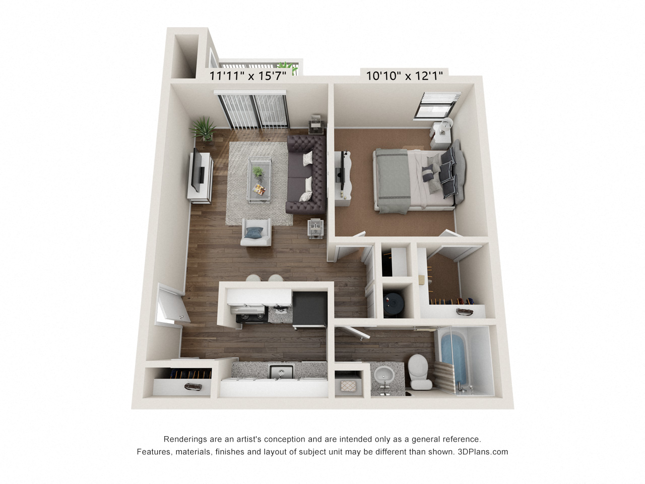 Floor plan for 1 bed, 1 bath, 587 sqft